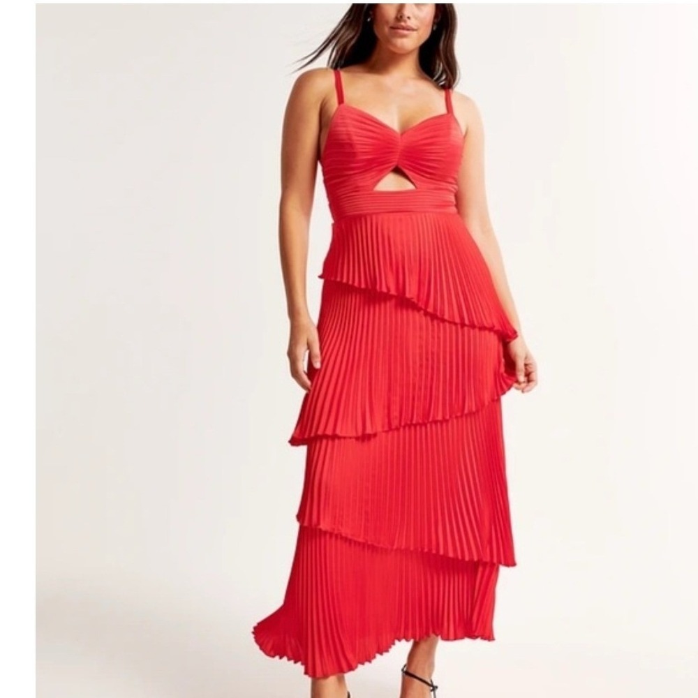Abercrombie & Fitch Womens L Maxi Dress Red Pleated Tiered Cutout Formal